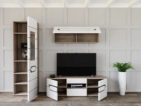 Mobilă pentru sufragerie Boston U115 Alb lucios, Stejar san remo, Cu comodă tv, Cu componente suplimentare, Piese individuale, MDF, PAL laminat, Sticlă călită, 195x47cm