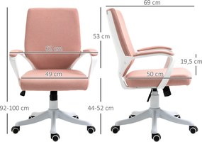 Vinsetto Scaun de birou Scaun de birou Home-Office Scaun cu funcție de balans Spătar reglabil înălțime gros și confortabil ergonomic Roți pivotante 360° din poliester nailon plastic PP Roz+alb 62x69x92-100 cm | Aosom Romania