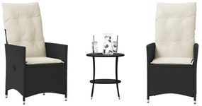 vidaXL Set bistro cu perne, 3 piese, negru, poliratan