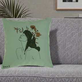 Perna Decorativa Portret Feminin Profil Flori Portocalii, 40x40 cm, Verde, Husa Detasabila, Perna Inclusa, BEKZ®