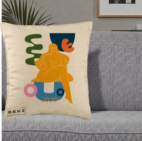 Perna Decorativa Femeie Relaxata Abstract, 40x40 cm, Bej, Husa Detasabila, Perna Inclusa, BEKZ®