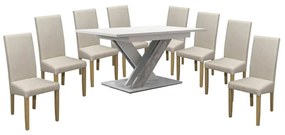 Set de sufragerie pentru 8 persoane Maasix WTS, alb-gri lucios, cu scaune Bej Vanda