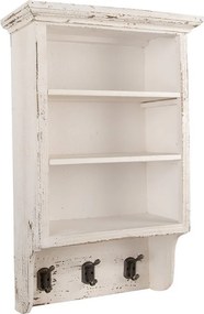 Etajeră de perete vintage din lemn, alb, cu 3 rafturi și 3 agățători duble, 57 x 36 x 17 cm, „Sandra”