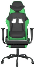 Scaun gaming de masaj suport picioare, negru verde, piele eco