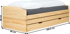 Pat cu module suplimentare extensibile, culoare naturală, lemn masiv, 90x200, FLOPY