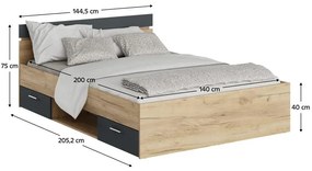Pat matrimonial 140 cm Michigin (stejar artisan + grafit) (cu sp. depozitare). 1096898