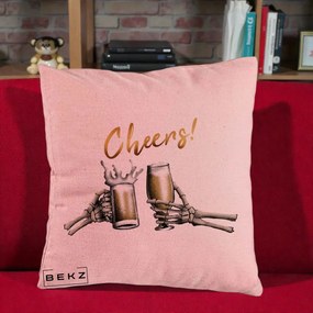 Perna Decorativa Halloween Cheers Schelete cu Bere, 40x40 cm, Roz, Husa Detasabila, Perna Inclusa, BEKZ®