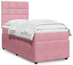 vidaXL Pat box spring cu saltea, roz, 90x200 cm, catifea