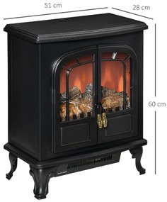 HOMCOM Șemineu electric tip sobă stil neo-retro 2 Uși Sticlă securizată 1000/2000 W LED luminozitate reglabilă Oțel ABS Negru | Aosom Romania