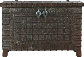 Cufăr vintage din lemn de tec, maro, cu plăci decorative din metal și două zăvoare, finisaj patinat, 98 x 137 x 44 cm, „Trunk”