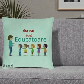 Cadou pentru Educatoare - Perna Personalizata Cea mai Buna Educatoare cu Ilustratie Copii si Educatoare, 40x40 cm, Verde Menta, Husa Detasabila, Perna Inclusa, BEKZ®