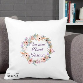 Cadou pentru Soacra - Perna Personalizata Cea mai Buna Soacra cu Coronita Flori Boho Pastel, 40x40 cm, Alba Mata, Husa Detasabila, Perna Inclusa, BEKZ®