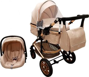 Carucior nou nascuti 3 in 1 Baby Care™ PRO 530 , Cu geanta bebe, Cadru Aluminiu Gold, Amortizoare, Roti din cauciuc plin AVE, Landou, Scoica auto,
