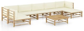 Set mobilier de gradina cu perne, 8 piese, alb crem, bambus Crem, 2x colt + 4x mijloc + suport pentru picioare + masa, 1