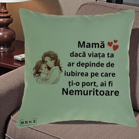 Cadou pentru Mama - Perna Personalizata Mama Nemuritoare cu Balon Inima, 40x40 cm, Verde, Husa Detasabila, Perna Inclusa, BEKZ®