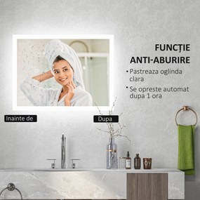 kleankin Oglindă de Baie cu Lumină LED, Luminozitate Reglabilă și Funcție de Memorie, 70x50x3 cm, Transparent | Aosom Romania