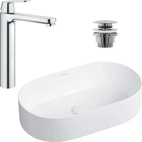 Pachet lavoar pe blat Omnires Mesa alb 53.5 cm, baterie lavoar Grohe Eurosmart Cosmopolitan XL crom si ventil lavoar Click-Clack crom