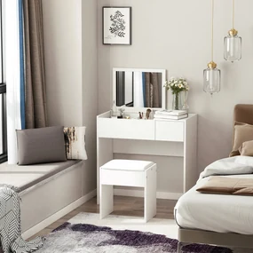 HOMCOM Set Mobilier pentru Toaletă cu Oglindă, Taburet și Sertar, Design Elegant, Masa Consola Alb | Aosom Romania