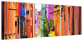 Tablou cu străduță colorata italiană (cu ceas) (90x30 cm)