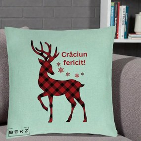 Perna Decorativa Ren Tartan Craciun Fericit, 40x40 cm, Verde Menta, Husa Detasabila, Perna Inclusa, BEKZ®