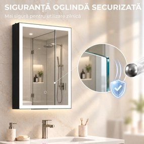 HOMCOM Dulap de Baie cu Oglindă și LED, 3 Culori, 50x70 cm, Soft-Close, Priză, Rafturi Reglabile, Negru | Aosom Romania