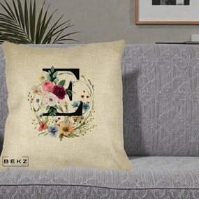 Cadou Personalizat - Perna Personalizata Monogram Litera E cu Flori Acuarela, 40x40 cm, Crem, Husa Detasabila, Perna Inclusa, BEKZ®