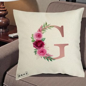 Cadou Personalizat - Perna Personalizata Monograma Rose Gold Litera G, 40x40 cm, Ecru, Husa Detasabila, Perna Inclusa, BEKZ®