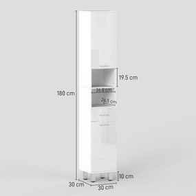 kleankin Mobilier pentru Baie cu 1 Sertar 3 Rafturi Ajustabile și 2 Dulapuri, 30x30x180 cm, Alb Lucios | Aosom Romania