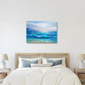 Tablou pe sticlă - Pictură în ulei de mare cu pescăruși (70x50 cm)