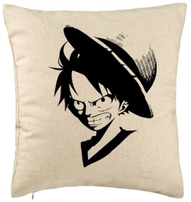 Perna Decorativa cu One piece Luffy Black, 40x40 cm, Bej, Husa Detasabila, Burduf