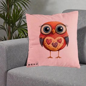 Perna Decorativa Bufnita Rosie cu Inimi Aurii, 40x40 cm, Roz, Husa Detasabila, Perna Inclusa, BEKZ®