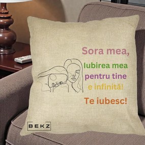 Cadou pentru Sora - Perna Personalizata Sora Mea Te Iubesc Line Art Fete Colorate Brate Ridicate, 40x40 cm, Crem, Husa Detasabila, Perna Inclusa, BEKZ®