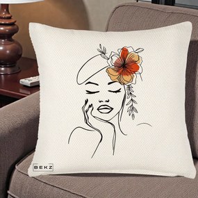 Perna Decorativa Portret Feminin Flori Palarie, 40x40 cm, Crem Reliefat, Husa Detasabila, Perna Inclusa, BEKZ®