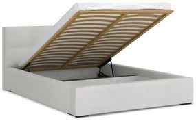 Pat matrimonial gri deschis tapițat din catifea cu spațiu de depozitare cu somieră 140x200 cm Hiko – Makamii