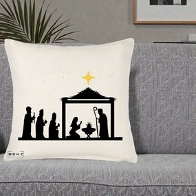 Perna Decorativa Nasterea Pruncului Silueta Neagra si Stea Aurie, 40x40 cm, Crem Reliefat, Husa Detasabila, Perna Inclusa, BEKZ®