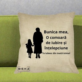 Cadou pentru Bunica - Perna Personalizata Bunica Mea Comoara Iubire Intelepciune Silueta, 40x40 cm, Crem, Husa Detasabila, Perna Inclusa, BEKZ®