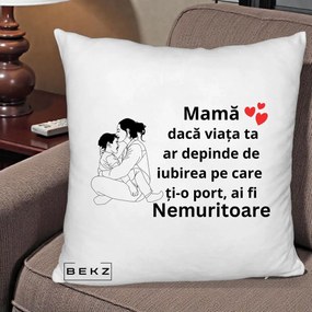 Cadou pentru Mama - Perna Personalizata Mama Nemuritoare Kawaii, 40x40 cm, Alb Pufos, Husa Detasabila, Perna Inclusa, BEKZ®