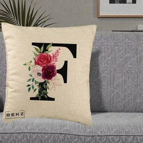 Cadou Personalizat - Perna Personalizata Monograma Florala Litera F, 40x40 cm, Bej, Husa Detasabila, Perna Inclusa, BEKZ®