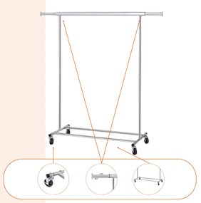 Jurhan Suport pentru haine INEZ cu roți, max.90kg, 83,5x45x160cm, argintiu