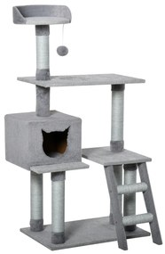 Ansamblu pentru pisici cu suprafata de zgariat, Casuta Scara Platforme, Stalpi din Sfoara din iuta, Gri, 60.5x40x124cm PawHut | Aosom Romania