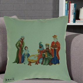 Perna Decorativa Nasterea Domnului Cei Trei Magi Acuarela, 40x40 cm, Verde, Husa Detasabila, Perna Inclusa, BEKZ®
