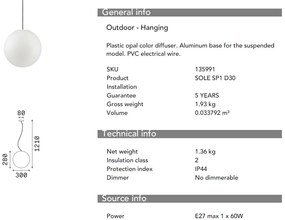 Pendul iluminat exterior cu protectie IP44, diametru 30cm SOLE SP1 SMALL 135991