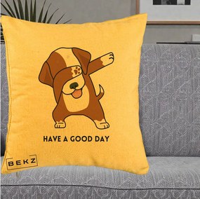 Perna Decorativa Caine Dab Have A Good Day, 40x40 cm, Galben, Husa Detasabila, Perna Inclusa, BEKZ®