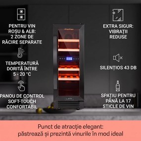 Klarstein Vinovilla 17 Built-in Duo Onyx Edition, vinotecă cu două zone, 53 l, 17 sticle, ușă din sticlă în 3 culori