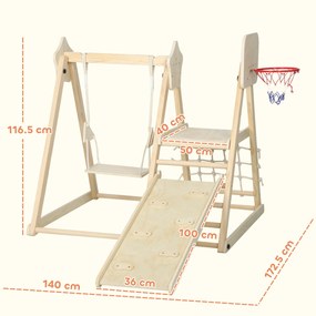 AIYAPLAY Set de Cățărare 5 în 1 cu Tobogan, 2 Pereți de Cățărare, Leagăn și Coș de Baschet, din Lemn, 140x172.5x116.5 cm | Aosom Romania