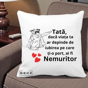 Cadou pentru Tata - Perna Personalizata Tata Nemuritor Supererou cu Masca, 40x40 cm, Alba Mata, Husa Detasabila, Perna Inclusa, BEKZ®