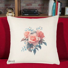 Perna Decorativa Trandafiri Roz cu Floricele Albastre, 40x40 cm, Crem Reliefat, Husa Detasabila, Perna Inclusa, BEKZ®