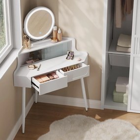 Masuta machiaj cu Oglinda LED si 2 Sertare pentru Cosmetice, Set Masa toaleta 90 cm, Alb, masuta cosmetica, vanity - SEA493