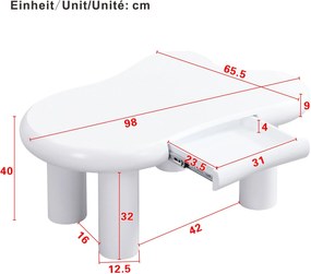 Masă de cafea în formă de nor, din MDF cu iluminare LED și sertar, 98x65,5x40 cm, Alb