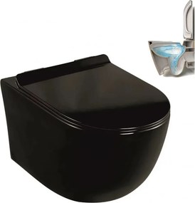Set vas WC suspendat Inter Ceramic Rimless cu capac slim softclose finisaj negru lucios